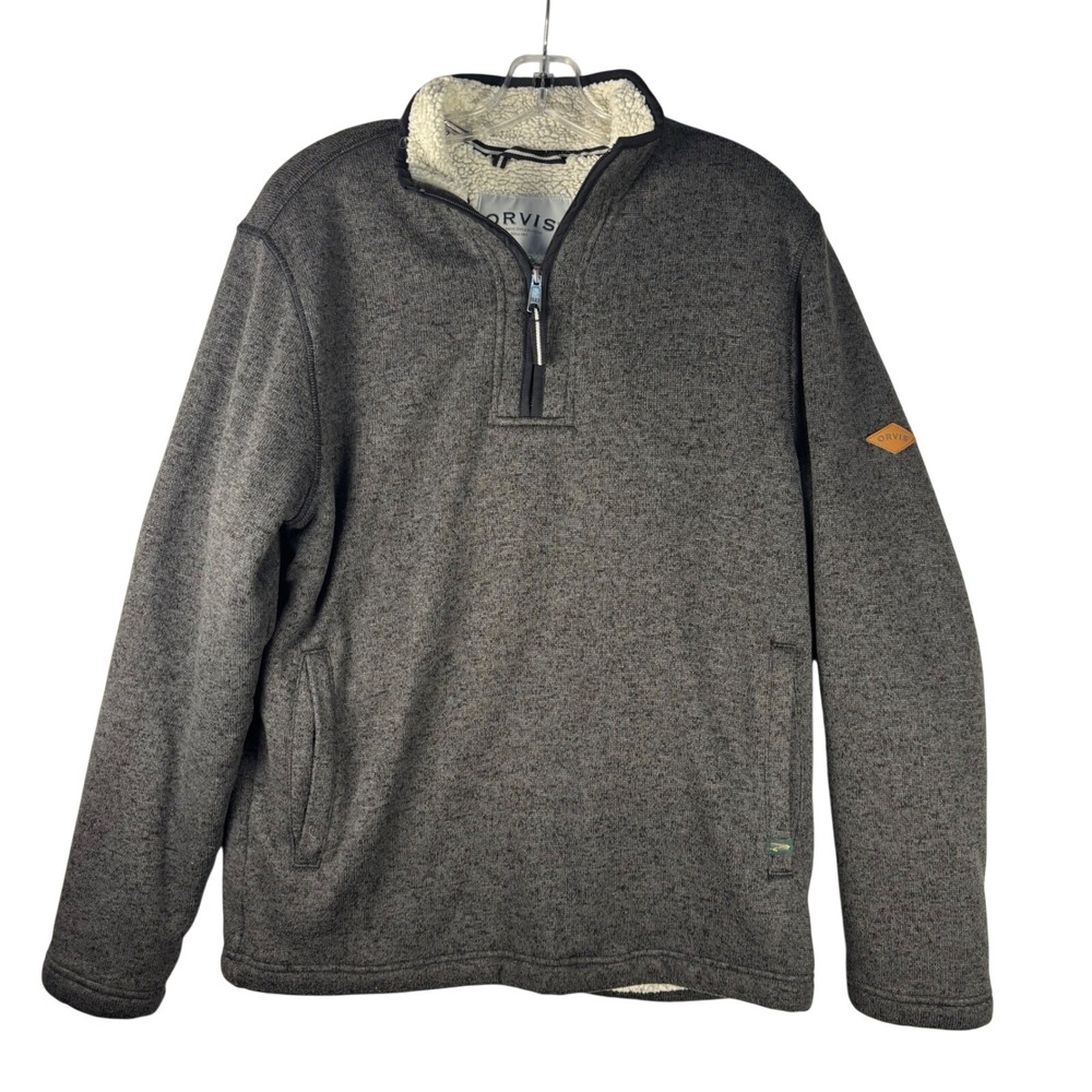 Orvis Mens Quarter Zip Sherpa Lined Fleece Pullover Sweater Charcoal Gray Medium